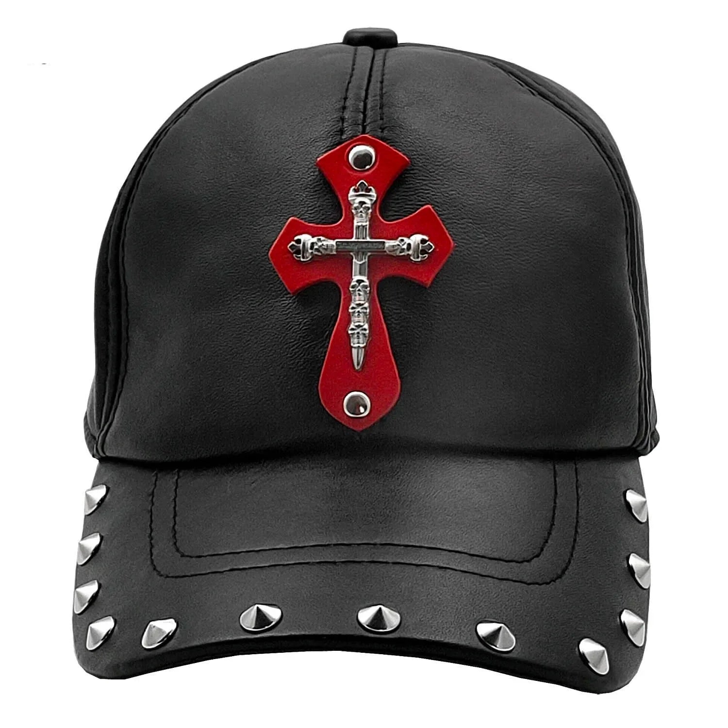 Punk Gothic Cross Genuine Leather Men's BassBall Cap  -  GeraldBlack.com