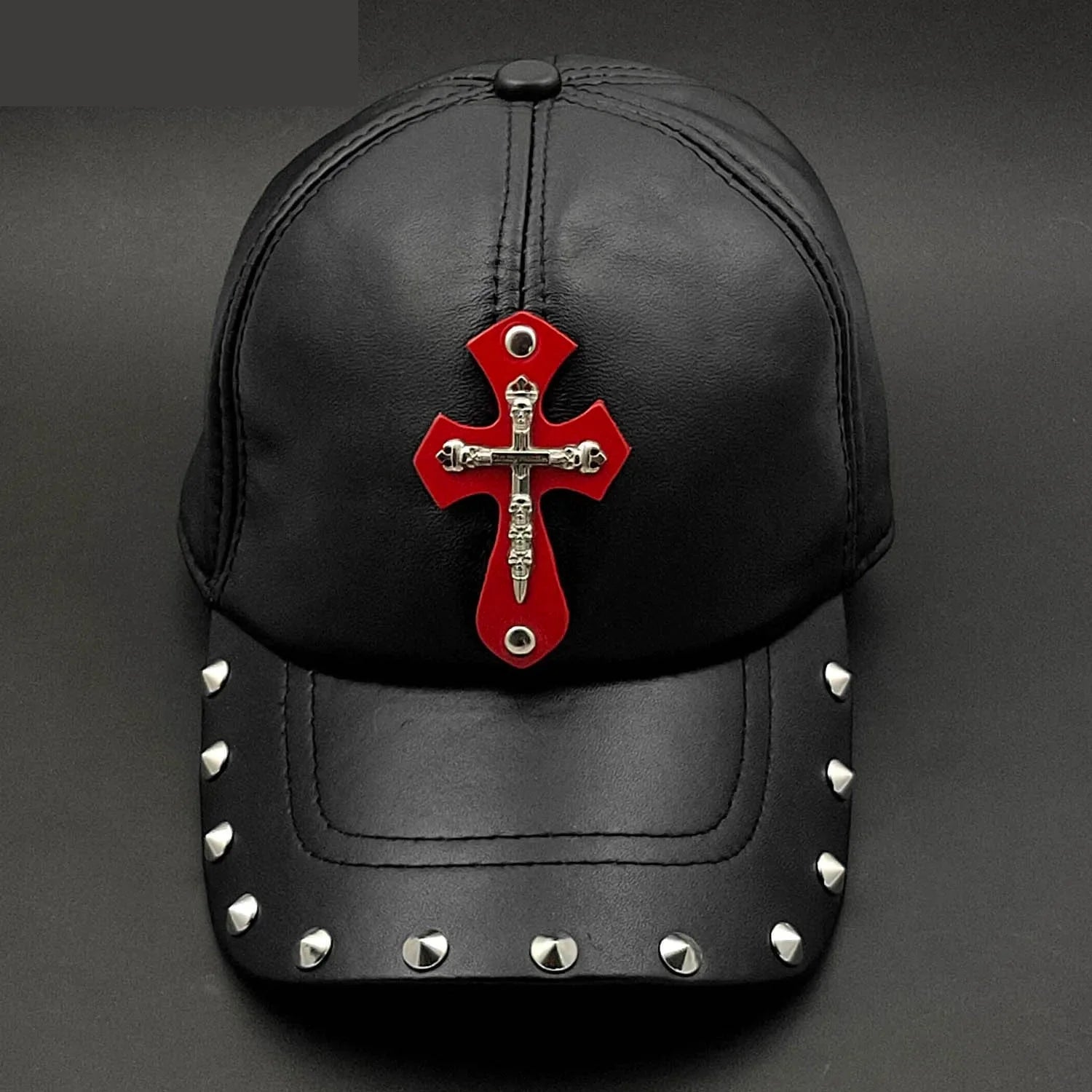 Punk Gothic Cross Genuine Leather Men's BassBall Cap  -  GeraldBlack.com