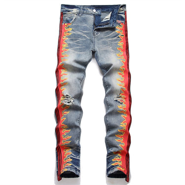 Punk Men Ripped Print Trousers Small Straight Mid-waist Fashion Casual Jeans  -  GeraldBlack.com