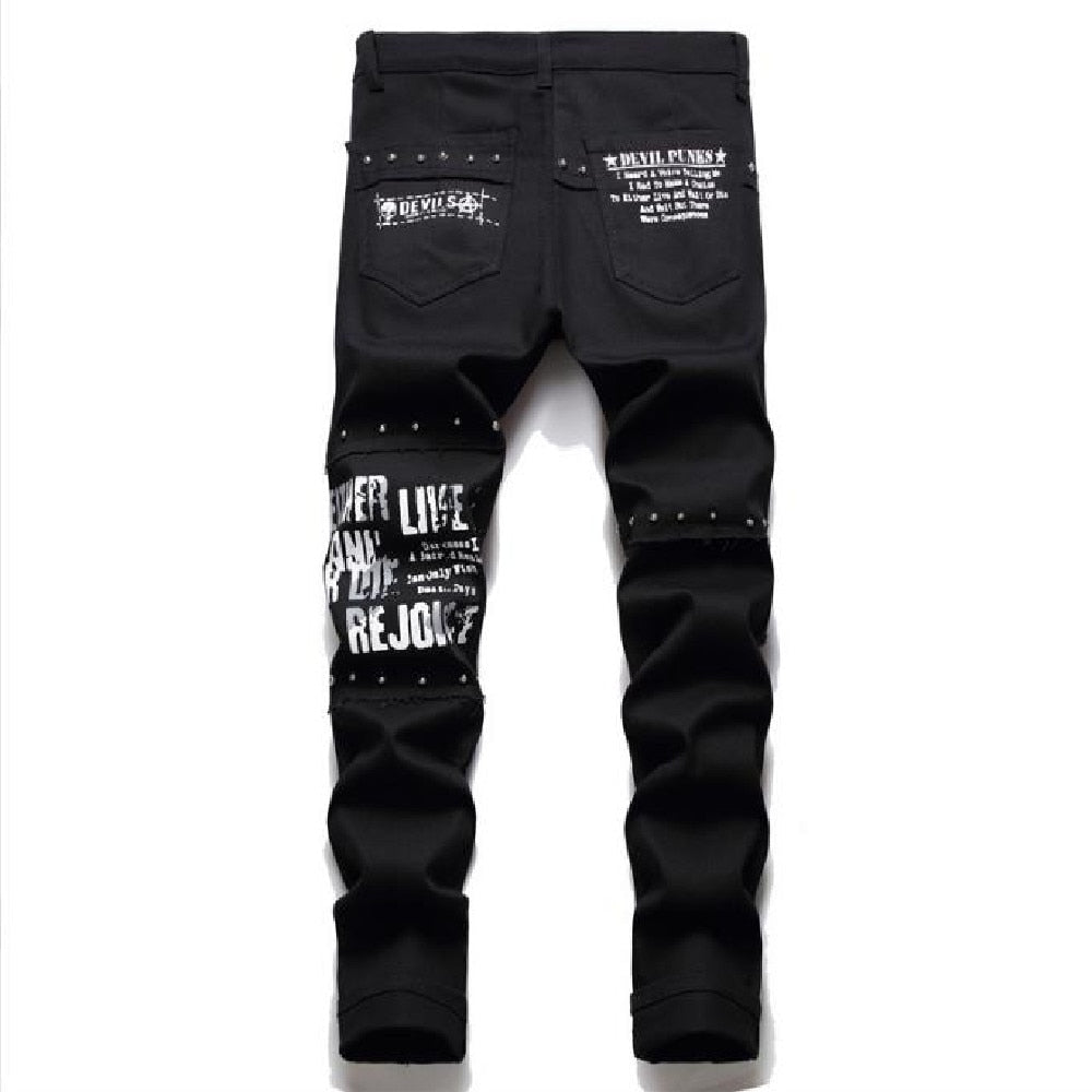 Punk Men's Pin Stitching Printed Pants Cone Middle Waist Casual Skinny Jeans  -  GeraldBlack.com