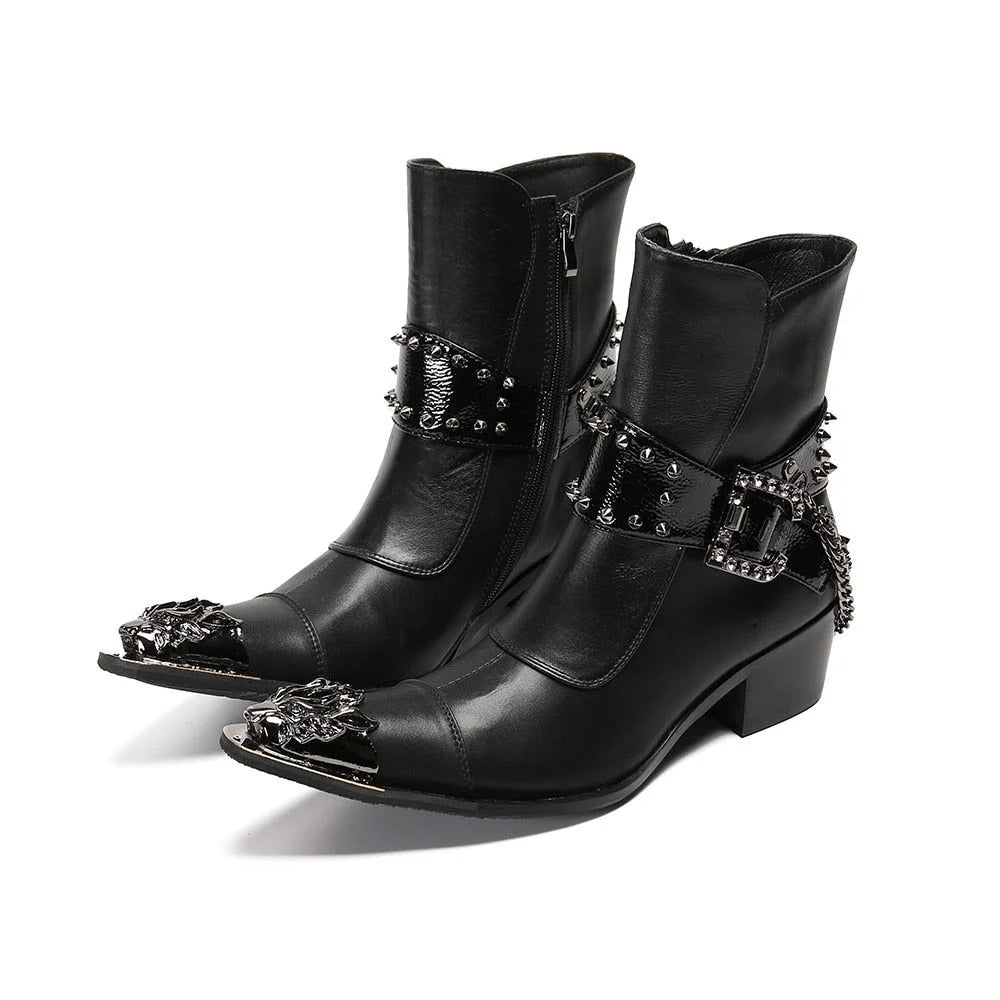 Punk Pointed Iron Toe with Chains 6.5CM High Heel Western Cowboy Handmade Ankle Boots For Men  -  GeraldBlack.com