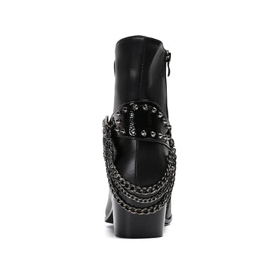 Punk Pointed Iron Toe with Chains 6.5CM High Heel Western Cowboy Handmade Ankle Boots For Men  -  GeraldBlack.com