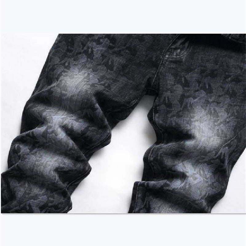 Punk Style Men's Small Foot Jeans White Trousers Mid-waist Printed Slim Skinny Pants  -  GeraldBlack.com