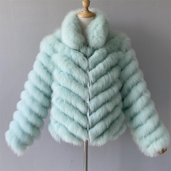 Women's Winter Solid Real Fox Fur Silk Liner Reversible Wear Zipper Jacket