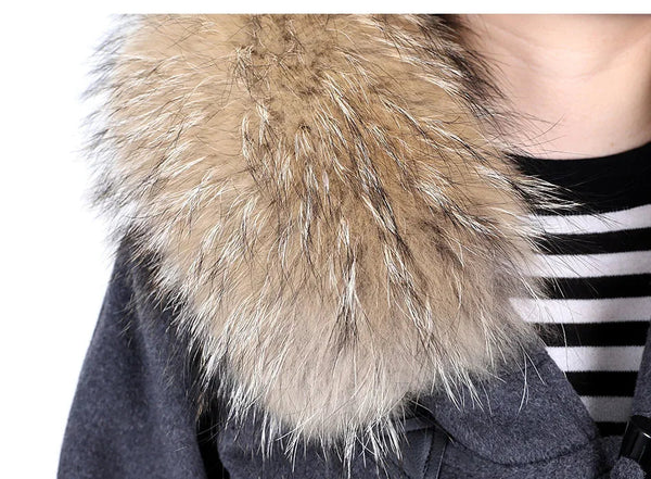 Real Natural Raccoon Fur Collar Wool Blends Female Coat Winter Woolen Coat  -  GeraldBlack.com