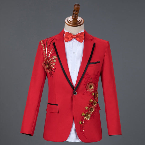 Red Diamond Floral Men Suits for Wedding Mens Suits 3 Piece Blazer Pant Bow Tie Fashion Tuxedo Men Suit Set Stage Costume  -  GeraldBlack.com