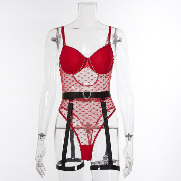 Red Sexy Polka Dot Rhinestone Valentines Day Transparent Body Fetish Lace Open Crotch Top With Garter  -  GeraldBlack.com
