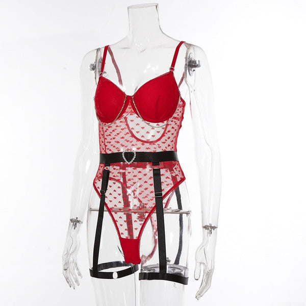 Red Sexy Polka Dot Rhinestone Valentines Day Transparent Body Fetish Lace Open Crotch Top With Garter  -  GeraldBlack.com