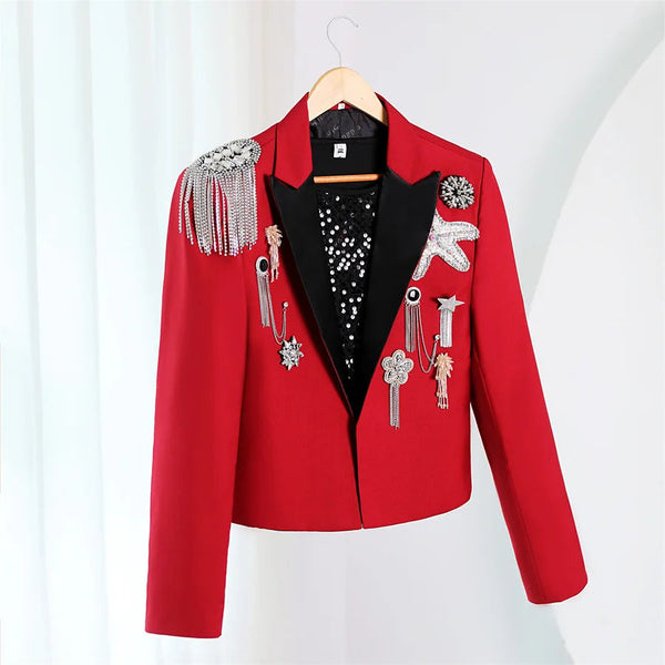 Red Steampunk Military Drummer Punk Men Slim Fit Peak Collar Blazers Party Prom Stage Rock and Roll Costume Homme  -  GeraldBlack.com