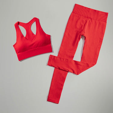 Red Women Seamless Long Sleeve Bra High Waist Leggings 2PCS Fitness Sports Gym Workout Yoga Set  -  GeraldBlack.com