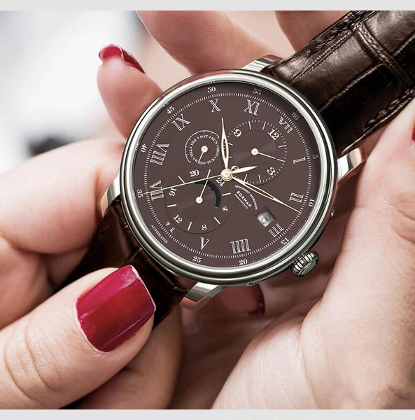 Retro Men Mechanical Sapphire Glass Waterproof 50M Automatic Clock Genuine Leather Strap Multifunction Watches  -  GeraldBlack.com