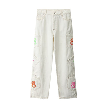 Retro Pocket Letter Print Straight Men and Women Oversize Jeans Trousers Harajuku Streetwear Casual Denim Pants  -  GeraldBlack.com
