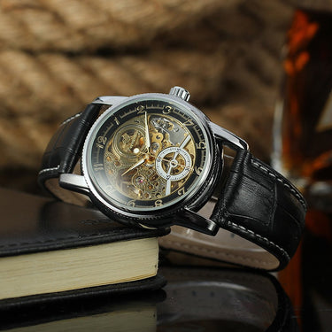 Retro Skeleton Mechanical Luxury Genuine Leather Band Clock Automatic Self Wind Hour Watches  -  GeraldBlack.com