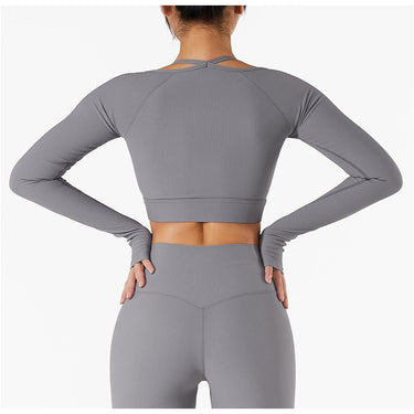 Rib Fabric Yoga Seamless Long Sleeve Gym Sports Fitness Workout Crop Tops Bra Shirt Women 7 Colors  -  GeraldBlack.com