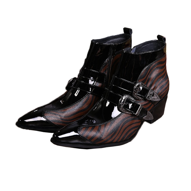Rock British Fashion Men's Personality 6.5cm Heels Coffee Buckles Leather Ankle Boots  -  GeraldBlack.com