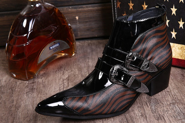 Rock British Fashion Men's Personality 6.5cm Heels Coffee Buckles Leather Ankle Boots  -  GeraldBlack.com