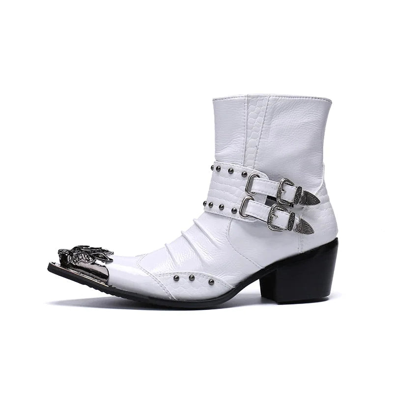 Rock Handsome White Pointed Metal Toe 6.5cm Heels Leather Ankle Motorcycle Boots for Men  -  GeraldBlack.com