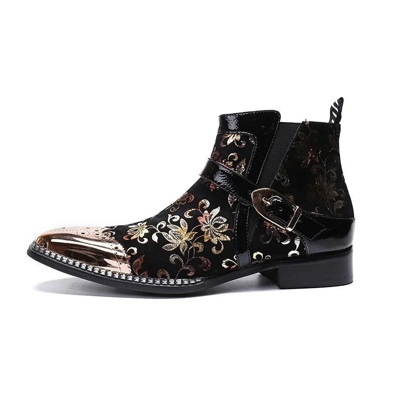 Rock Men Black Gold Leather Men Motorcycle  Italy Party Ankle Boots  -  GeraldBlack.com