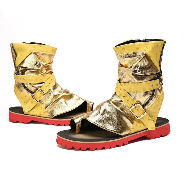 Rock Mens Gold Leather Summer Rome Zip Gladiator Ankle Sandal Shoes  -  GeraldBlack.com