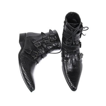 Rock Western Cowboy Men's Pointed Toe Black Genuine Leather Buckles Zip Motorcycle Ankle Boots 38-46  -  GeraldBlack.com