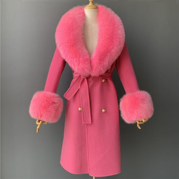 Rose Red Women Natural Fox Fur Collar Cashmere Wool Blends Long Winter Outerwear Streetwear  -  GeraldBlack.com