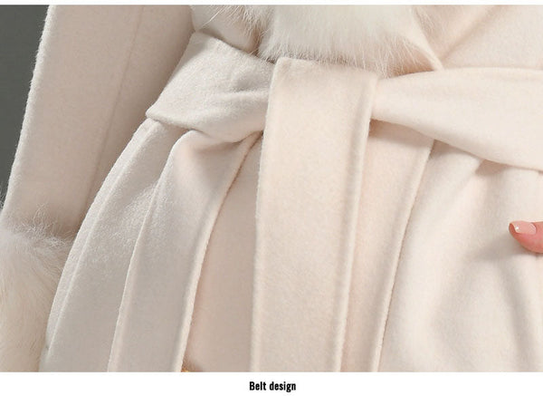 Veste d'hiver longue en laine de cachemire de couleur bleue pour femme, col en fourrure de renard naturelle
