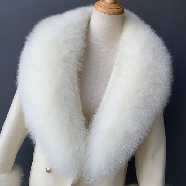 Royal Blue Women Natural Fox Fur Collar Cashmere Wool Blends Long Winter Outerwear Streetwear  -  GeraldBlack.com