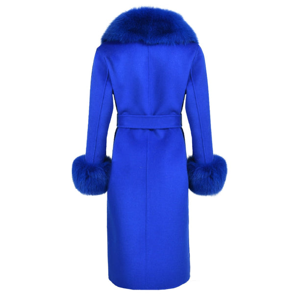 Royal Blue Women's Double Faced Winter Slim Long Wool Cashmere Real Fox Fur Collar Cuffs Coat Outerwear  -  GeraldBlack.com