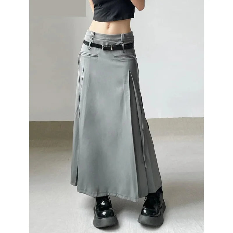 Safari Style Tassel A Line Casual Streetwear Pockets Low Waisted Maxi Skirt With Sashes for Women Autumn Winter  -  GeraldBlack.com