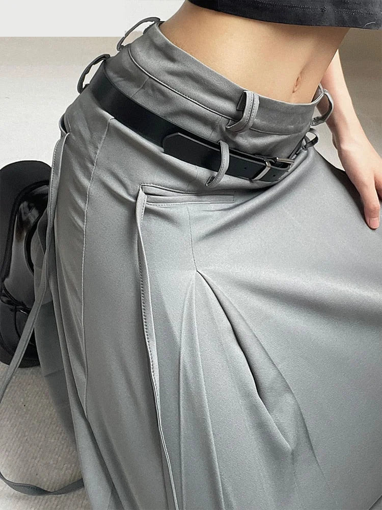 Safari Style Tassel A Line Casual Streetwear Pockets Low Waisted Maxi Skirt With Sashes for Women Autumn Winter  -  GeraldBlack.com
