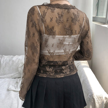 See Through Lace Transparent V Neck Long Sleeve Casual Tie Front Shirt for Women  -  GeraldBlack.com