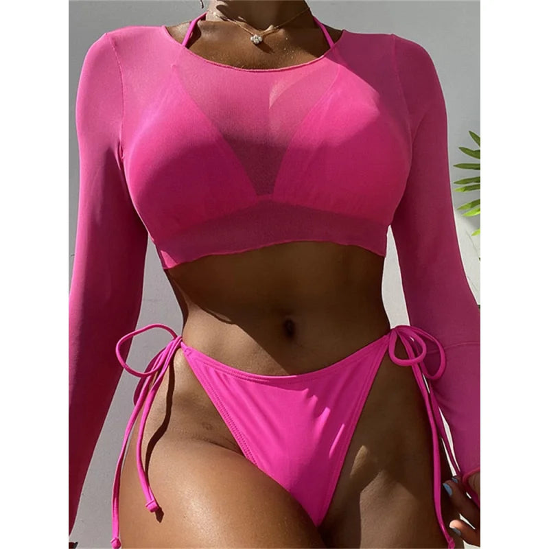 Sexy 3 Piece Women Long Sleeve Black Mesh Cover Up Triangle Swimwear Summer Push Up Micro Swimsuit  -  GeraldBlack.com