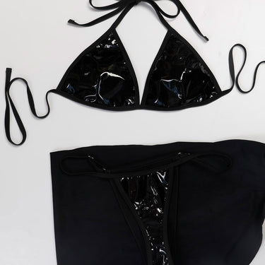 Sexy Black 3 Piece Bikinis Women Shiny Latex Push Up Triangle Swimwear Mesh Cover Up Skirt Swimsuit  -  GeraldBlack.com