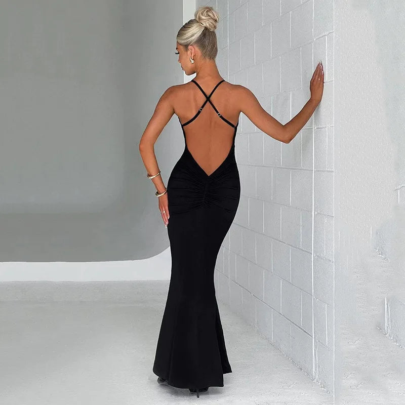 Sexy Elegant Evening 3d Flower Ruffle Deep V Backless Maxi Dresses for Women Party Birthday Outfit  -  GeraldBlack.com
