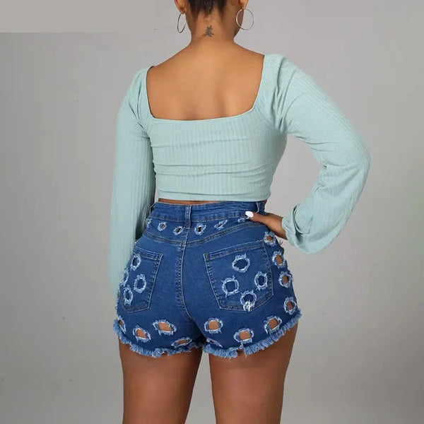 Sexy Hollow Ripped Torn Holes High Waist Stretchy Hotpants Street Jeans Distressed Tight Grunge Denim Shorts  -  GeraldBlack.com