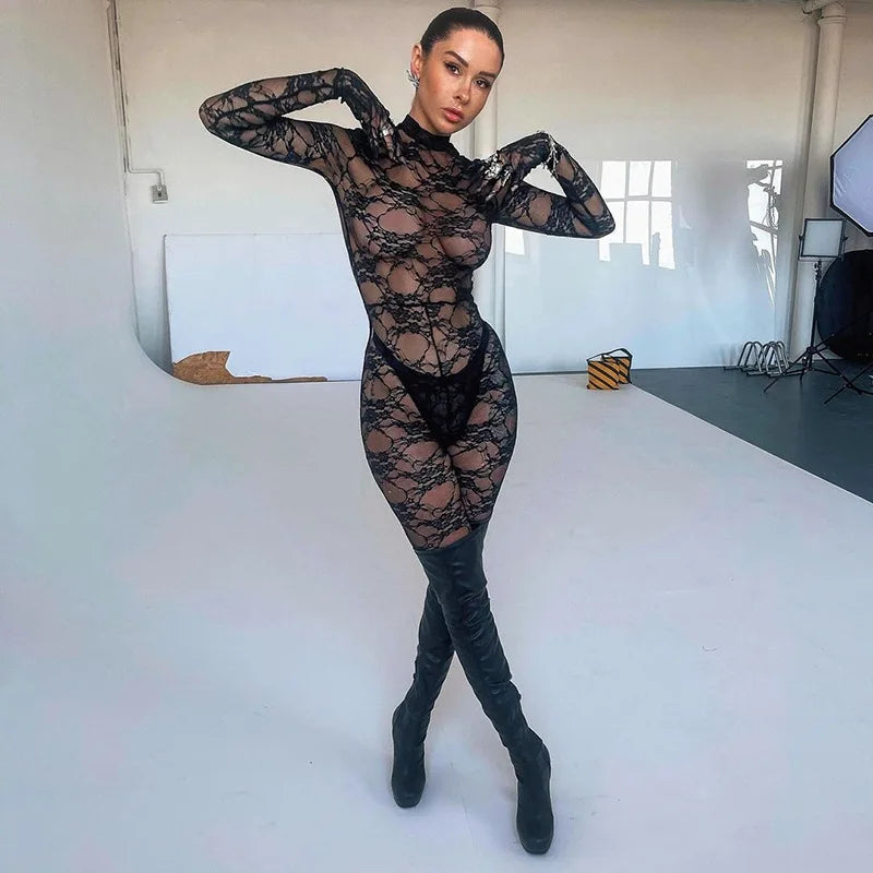 Sexy Lace Mesh Women Sensual Bodycon Erotic Hollow Out See-Through Stretch Slim Fit Lingerie Night Party Club with Gloves Zipper  -  GeraldBlack.com