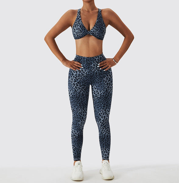 Sexy Leopard Gym Yoga Set Tracksuit Fitness Sport Leggings Bra Short Sets Clothes For Women Elastic High Waist  -  GeraldBlack.com
