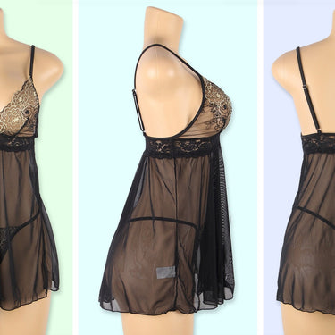 Sexy Mesh Black Plus Size Elegant Transparent Nightdress Sets Curve Lure Babydoll Floral Lingerie  -  GeraldBlack.com