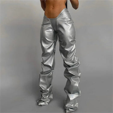 Sexy Metallic Leather Black Silver Streetwear Women Fall Clothing Low Rise Ruched Stacked Pants  -  GeraldBlack.com