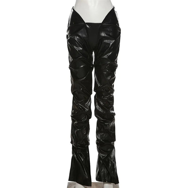 Sexy Metallic Leather Black Silver Streetwear Women Fall Clothing Low Rise Ruched Stacked Pants  -  GeraldBlack.com