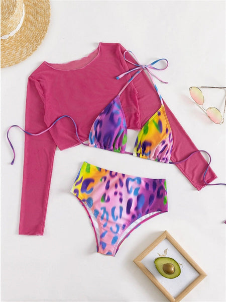 Sexy Pink Leopard Print Bikini Women Long Sleeve Cover Up 3 Piece Swimsuit Bathing Suit Tie Dye High Waist Swimwear  -  GeraldBlack.com