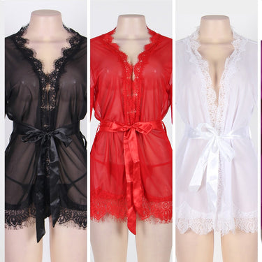 Sexy See Through Robe Lingerie Women Long Sleeve Nightgown Babydoll Plus Size Nightdress Multi-color Lace Nightie Set  -  GeraldBlack.com