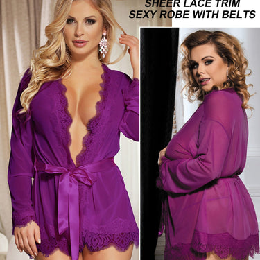 Sexy See Through Robe Lingerie Women Long Sleeve Nightgown Babydoll Plus Size Nightdress Multi-color Lace Nightie Set  -  GeraldBlack.com