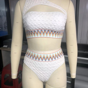 Sexy White Bikini WomenOne Shoulder Cut Out Knitted Patchwork High Waist Swimsuit Brazilian Bathing Swimwear  -  GeraldBlack.com