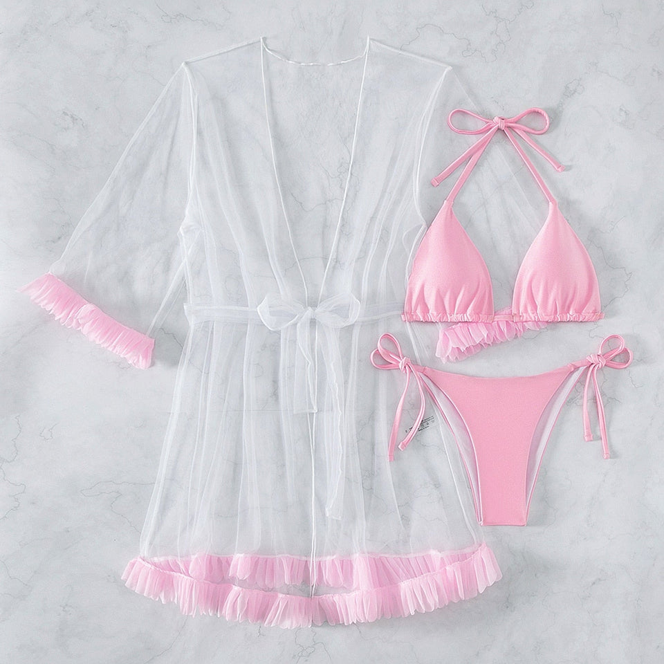 Sexy Sheer Mesh Long-Sleeve Three Piece Set Bikini main image 1