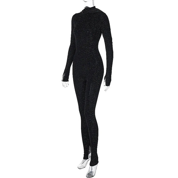 Sexy Winter Wear Black Sparkly See Through Nightclub Baddie Hooded Jumpsuit Outfits for Woman  -  GeraldBlack.com