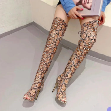 Sexy Women Snakes Print Leather Hollow Out Thigh High Open Toe Zip Lace-Up Heels Over The Knee Boots  -  GeraldBlack.com