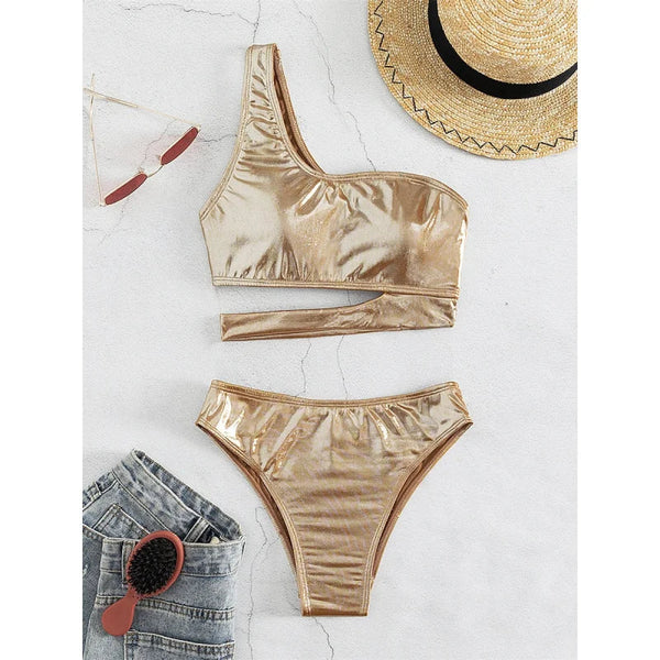Sexy Women Solid Gold Hollow Out Push Up One Shoulder Summer Bathing Suit High Waist Swiimwear Biquini  -  GeraldBlack.com
