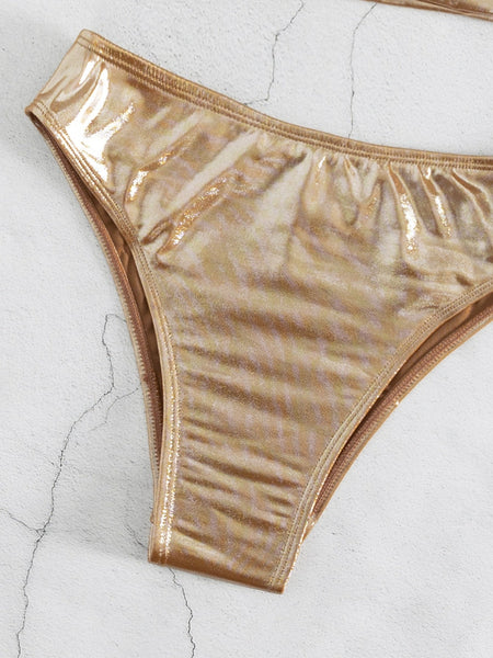 Sexy Women Solid Gold Pu Hollow Out Push Up One Shoulder Summer Bathing Suit High Waist Swiimwear Biquini  -  GeraldBlack.com
