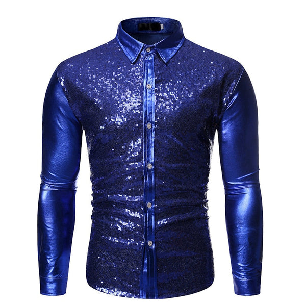 Shiny Royal Blue Sequins Shirt Men Slim Fit Long Sleeve Dress Shirts  -  GeraldBlack.com
